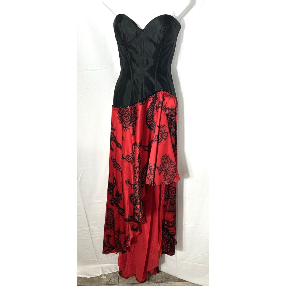 Vintage Red Black Gothic Corset Top Dress‎ Y2K Silk Witchy Vamp Prom Hoco Size 4 - Picture 2 of 16